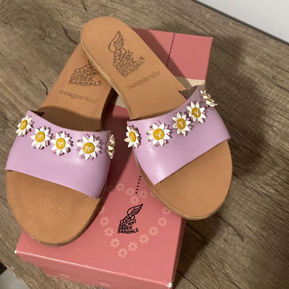 Ancient Greek Lilac Paola Flower Embellished Slide Sandals
